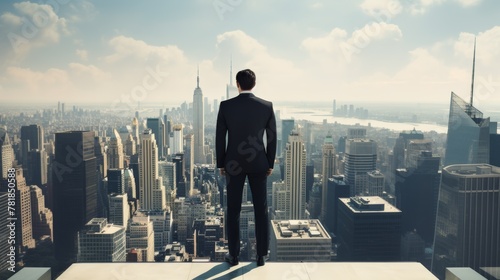  young man in black suit Standing in front of a skyscraper Looking at the big city 