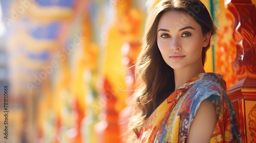 Young woman in Thai dress Wear a brightly colored blanket. exquisite pattern On the background of a beautiful Thai temple 