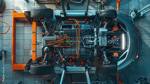 An overhead view of a main wiring harness being installed in a state-of-the-art electric vehicle, highlighting the role of electrical systems in powering the future of transportation.