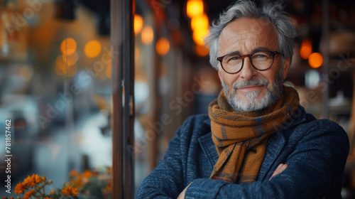 Happy smiling confident european middle aged older adult man small local business owner standing outside own cafe looking away and dreaming. Old senior entrepreneur portrait. Entrepreneurship.