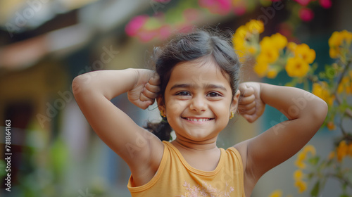 Happy Smiling Indian Urban Girl Child Flexing Biceps, Studio Shot