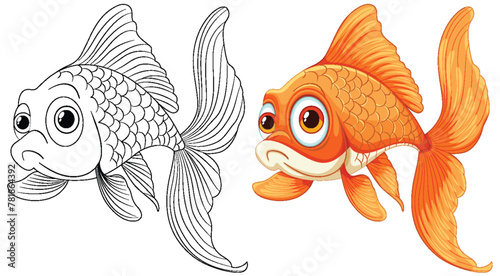 Black and white versus colored goldfish vector art