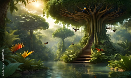 "Oasis nestled deep within the lush and wild jungle encircled by towering trees with leaves" - Digital art