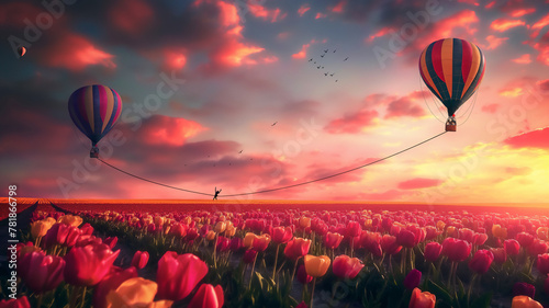 Person tightrope walking between hot air balloons over tulip field at sunset.