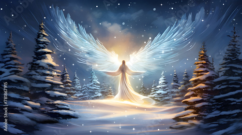 A flying angel with Christmas presents. cold winter a dark night