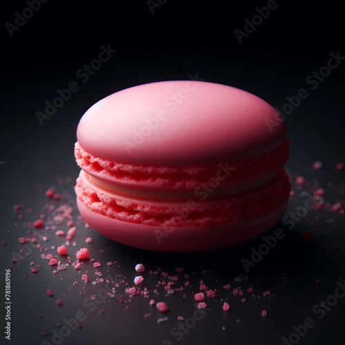 Sweet pink color macaron isolated on black background. french pink raspberry maroon at dark background