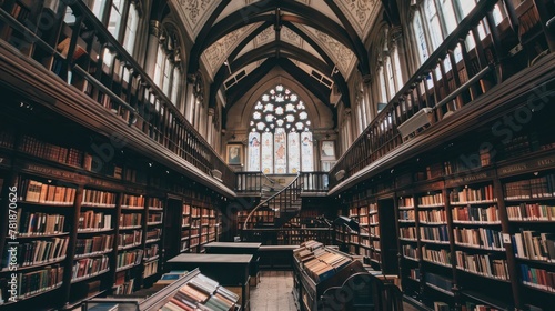 Gothic-inspired library or bookstore with soaring vaulted ceilings and intricate stained glass windows 