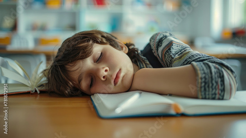 The child fell asleep on the desk doing his homework.