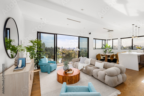 Modern Hollywood Hills home living room in Los Angeles, California, with a remodel of an older house