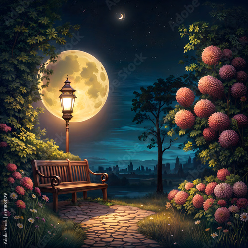 benches in the park with brightly shining moon and flowers in the night sky