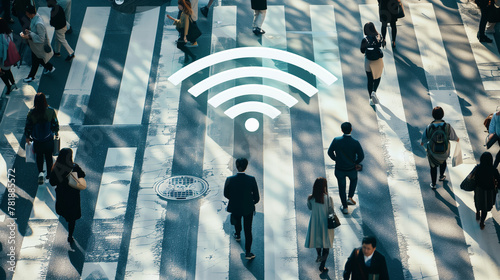 WIFI technology concept. Aerial view of people walking over crosswalk with giant WiFi symbol, Concept of ubiquitous connectivity and urban technology.