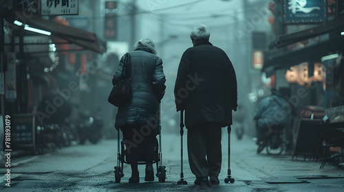 Elderly couple stroll city street in winter night