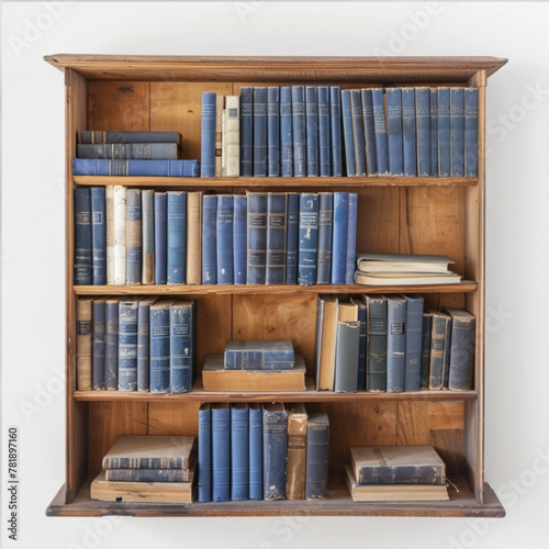 Wooden bookshelf from 1965 with antique books on the shelves. White background. Books in shades of blue.