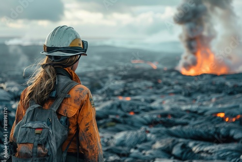 Environmentalist conducting field research in a volcanic area, amidst ash and lava