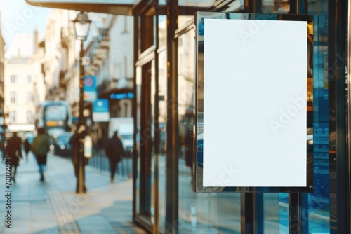 A professional mockup featuring a blank white poster attached to the glass of a modern bus stop in the city center, perfect for showcasing advertisements