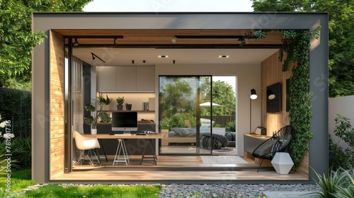Design a small house with a built-in home office or study area for remote work or creative pursuits 