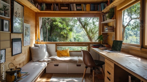 Design a small house with a built-in home office or study area for remote work or creative pursuits 