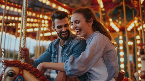 a fun city fair with beautiful carousels on which a man and a woman ride, experiencing emotions of happiness and relaxation, forgetting about all problems