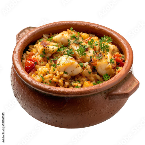 front view of Arroz de Tamboril with Portuguese monkfish rice, featuring rice cooked with monkfish, tomatoes, and herbs, isolated on a white transparent background