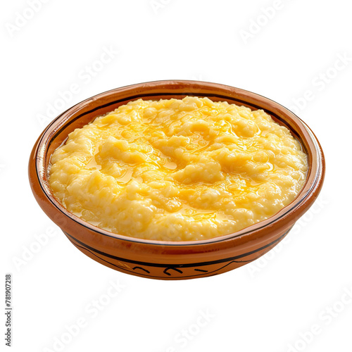 front view of Papas de Milho with Portuguese cornmeal porridge, featuring a creamy mixture of cornmeal, milk, and sugar, isolated on a white transparent background