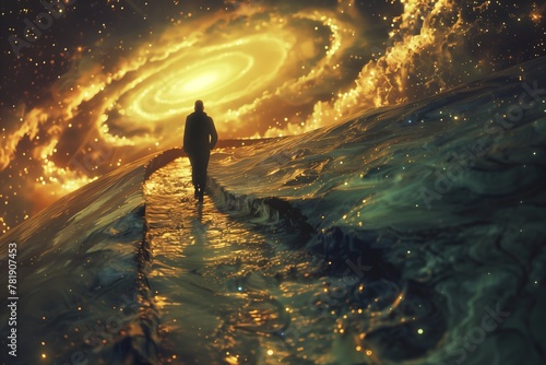 solitary figure walking toward glowing galaxy spiral on alien world