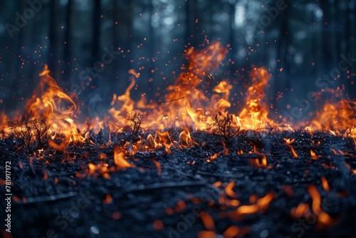 An intense image of a forest under threat by a wildfire with vibrant flames consuming the underbrush, highlighting nature's fury