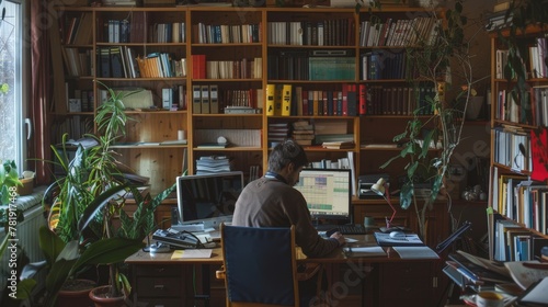 A translator working on a multilingual project in a cozy office space lined with bookshelves filled with dictionaries and literary works from around the world. 