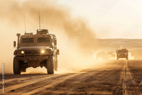 Military vehicles driving through desert