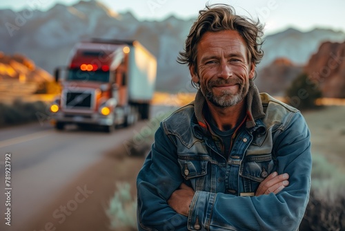 Happy trucker with semi-truck at sunset
