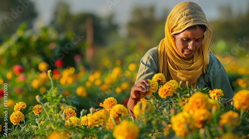 An indian woman farmer working in a field of yellow marigold flowers.