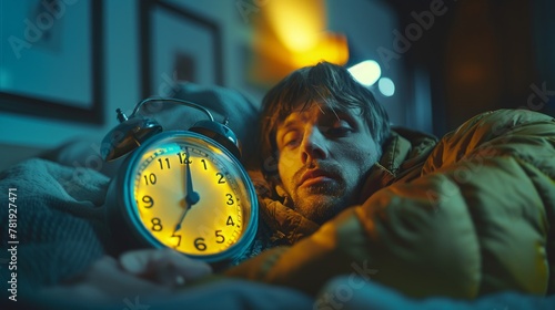 Exhausted adult man waking up and turning off his alarm clock with a look of frustration and sleepiness in a dark bedroom.