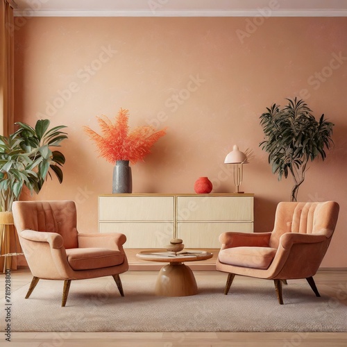 Wnętrze salonu z fotelami, stolikiem, komodą w odcieniach peach fuzz