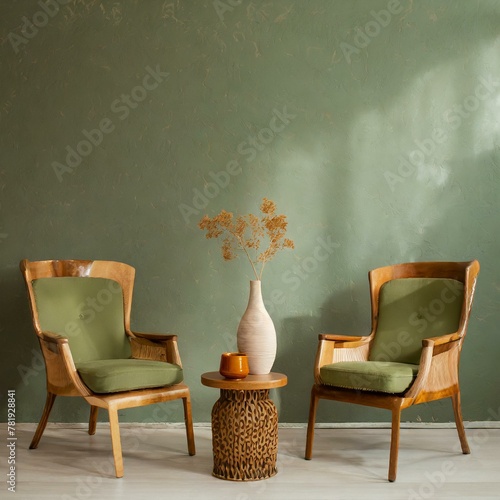 Minimalistyczna przestrzeń salonu w kolorach zieleni i miodu z fotelami, stolikiem i wazonem