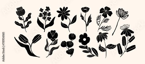 Hand drawn linocut floral. Trendy linocut style ornament. Vector illustration.