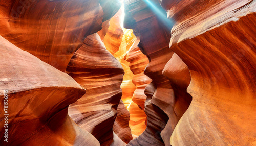 Light beams and orange and red sandstone rock formations in a narrow canyon, Upper Antelope Canyon, Arizona, USA. Generative Ai.
