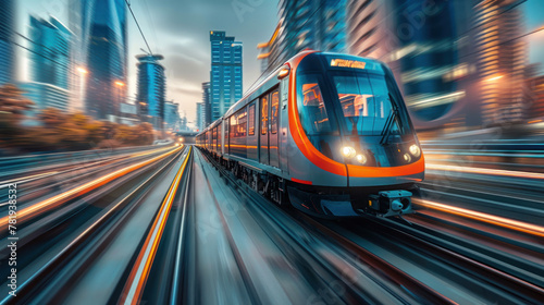 sky train overtaking, utilizing rear curtain sync for dynamic motion effect, editorial photography