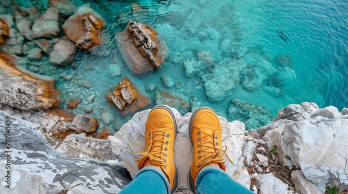 yellow shoes, blue jeans and teal socks stand on the edge of a rocky cliff 