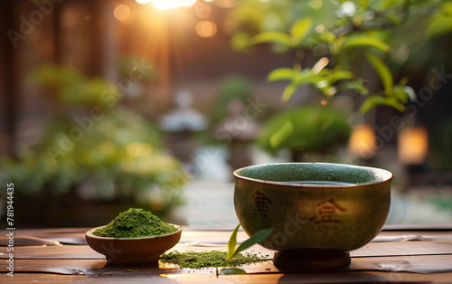 Japanese macha tea in a old ceramic cup neutral colors, minimalist and elegant image, zen japanese garden on background