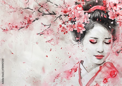 Portrait of a woman wearing a geisha costume and geisha makeup with pink Sakura flowers.