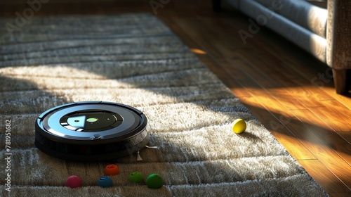A 3D robot uses a vacuum to scan toys on a wooden floor covered in carpet. ability to set boundaries or identify obstacles is an electronic cleaner feature.