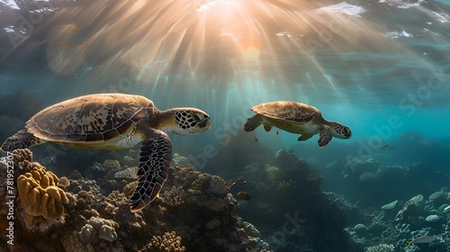AI generated illustration of sea turtles gracefully swimming in crystal-clear turquoise waters