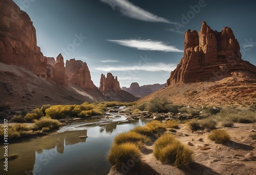 A landscape of a desert canyon with river stream in between.