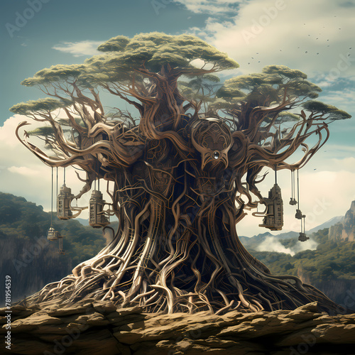 Ancient tree roots intertwining forming futuristic settlements