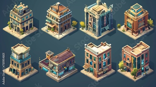 Isometric building set for design. There are additional comparable illustrations available. combined to create a city. 