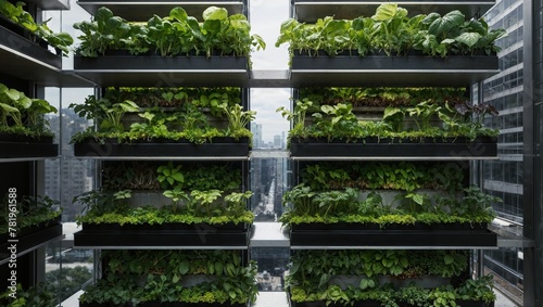AI generated illustration of sunlit shelves of potted plants on a skyscraper