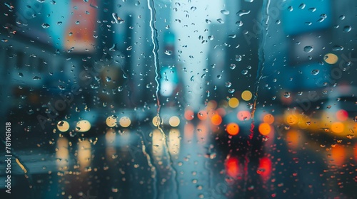 AI generated illustration of raindrops on windowpane with urban skyline in background