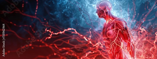 A background depicting the human circulatory system with arteries, veins, and a beating heart in a transparent view. (Consider specifying other systems like nervous or respiratory)