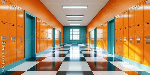 Brightly lit school locker hallway in orange