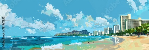 Beautiful Honolulu Skyline with Stunning Beachfront and Blue Ocean Background - Hawaii Landmark with Diamond Head Crater