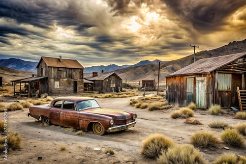 American ghost town with dilapidated abandoned houses and decrepit car in the foreground